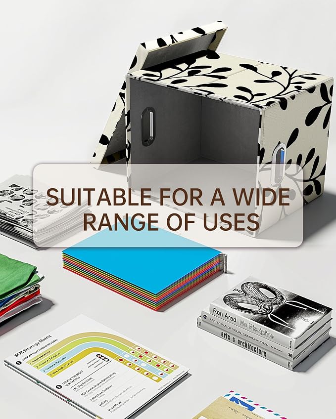 File Organizer with Lid, File Box, File Cabinet for Letter File Folder Storage, Hanging File Organizer for Office/Decor/Home,Document Organizer, 1 Pack,Leaf Black/Cream-Box Only