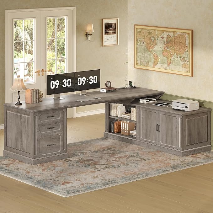 SEDETA Farmhouse L Shaped Desk with Drawers, 70.9" Home Office Desk with Storage Cabinet and Storage Shelves, L Shaped Computer Desk with Power Outlet,Gray