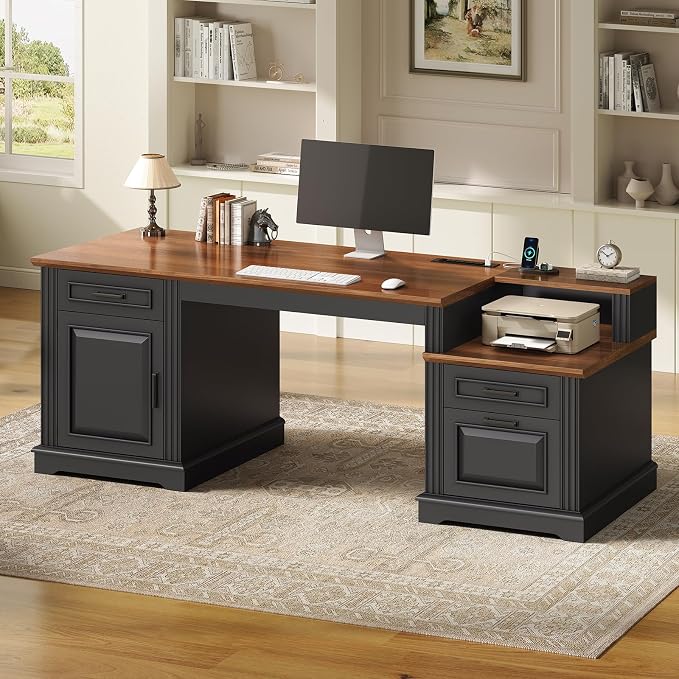 SEDETA Farmhouse Executive Desk, 62'' Home Office Desk with File Drawers, 3Drawer and Storage Cabinet, Computer Desk with Power Outlet for Home Office, Work Study Writing, Black + Walnut