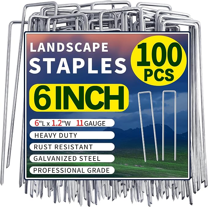 100 Pack Landscape Staples 6 Inch 11 Gauge Garden Stakes | Galvanized Garden Staples Pins Anti-Rust Ground Stakes for Weed Barrier, Irrigation Tubing, Landscaping Fabric, Yard Lawn