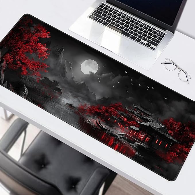 Long Gaming Mouse Pad Extended Anime Large Desk Pad with Non-Slip Base Full Keyboard Mat with Stitched Edges for Gaming and Office 31.5 x 11.8 inches (Dark Night Full Moon)
