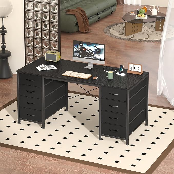 50 Inch Computer Desk with 8 Drawers for Home Office, Bedroom, Living Room | Home Office Desks with Power Outlets, Work Study Gaming Desk with 8 Fabric Drawers, Black