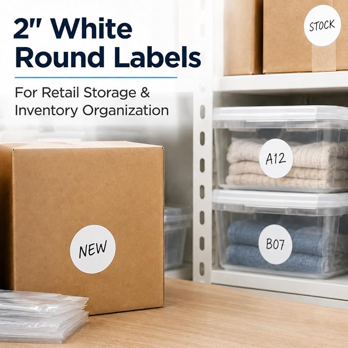 White Stickers, 2 Inch, 500/Roll | Writable Round Stickers with Semi-Gloss Paper for Inventory, Classrooms, and Offices. Made in USA