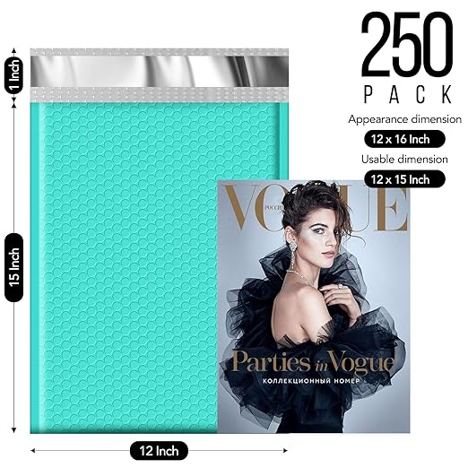 Fuxury Bubble Mailers 12x15" Self-Seal Padded Envelopes 250 Pack Teal | Large Bubble Envelopes Strong Adhesion Padded Mailers for Mailing Small Business,Magazine, Clothing