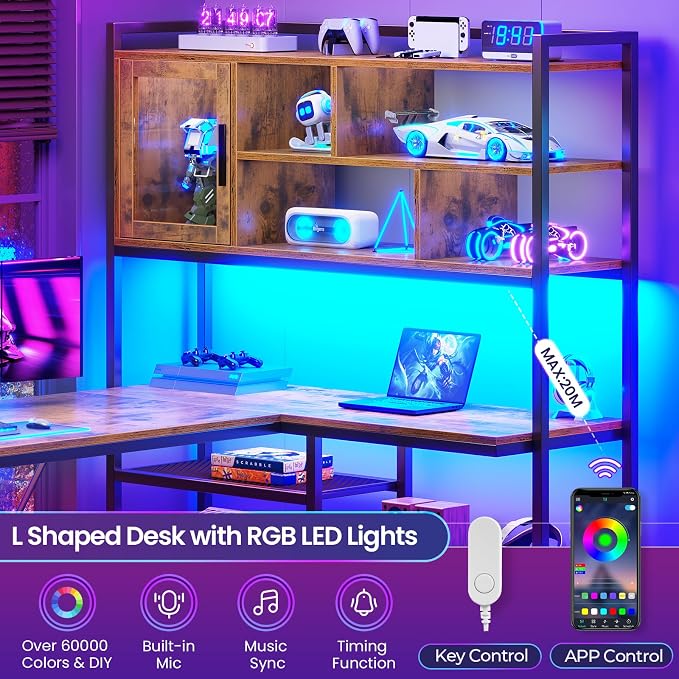 SEDETA L Shaped Computer Desk with Storage Shelves, Bookshelf, Rustic Brown | 58'' Reversible Office Desk with LED Light, Glass Door Cubby, L Shaped Corner Desk for Gaming, Two Monitors, Small Space