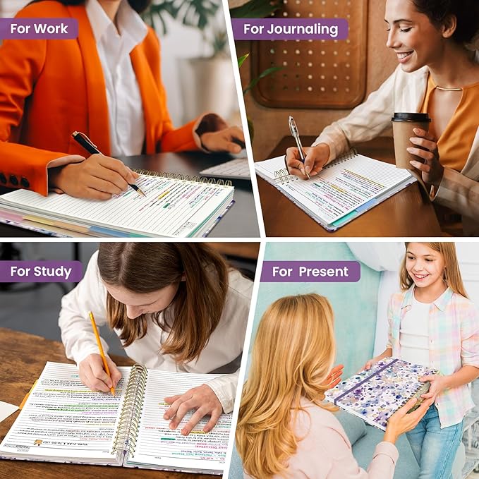 Large Spiral Notebooks for Work 5 Subject with Removable Dividers | 8.5" x 11" Pretty Hardcover Notebook Journal for Women, College Ruled, Perfect for Study & Office , 280 Pages, Purple Blocks