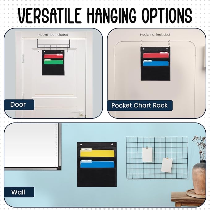 Essex Wares - 2 Pocket File Folder Pocket Chart, Black, 14" Wide x 16" Tall | Versatile Wall Hanging File Folder Organizer for Classrooms, Offices, Home, and More - Wall Folder Organizer