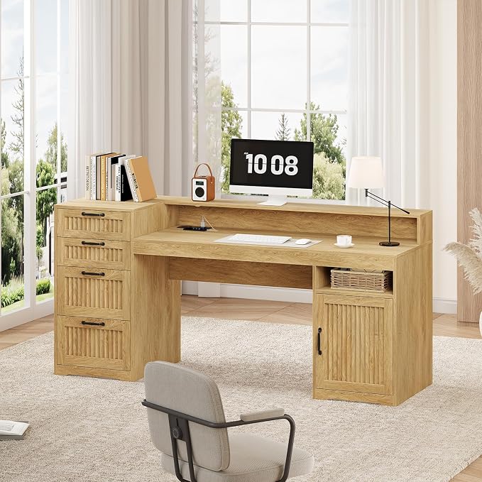 63" Fluted Computer Desk with 4 Drawers for Home Office, Bedroom | Wood Executive Desk with Printer Shelf, Monitor Stand, Home Office Desks with Power Outlets, Storage Shelves, Oak, Boho Desk