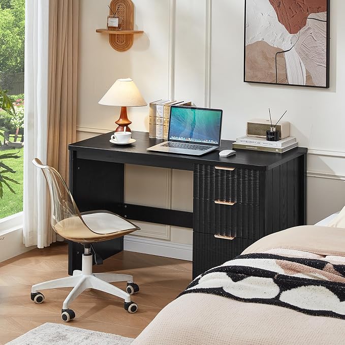 LEYAOYAO Office Desk 48" with 3 Drawers Storage File Cabinet | Wood Fluted Work Study Escritorio Desks for Computer Office Bedroom Home Furniture