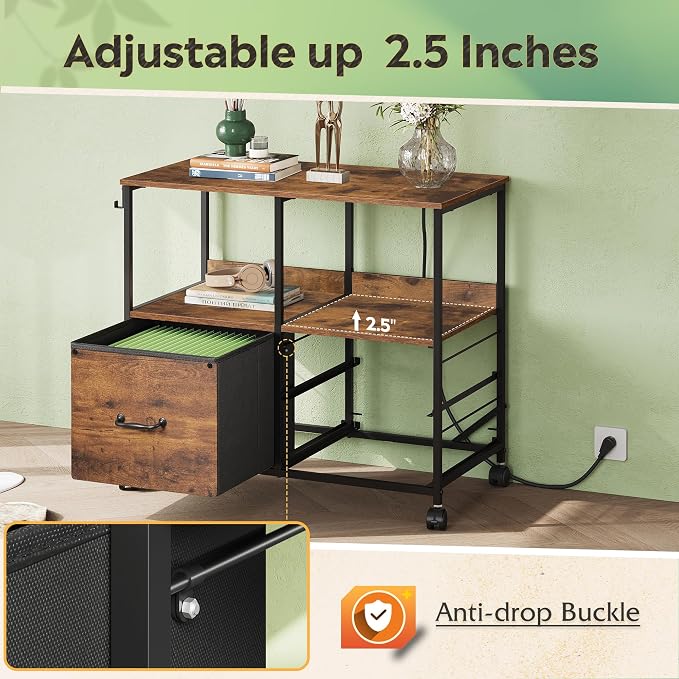 DEVAISE 3 Drawer Mobile File Cabinet with Storage Shelf, Charging Station | Rolling Printer Stand, Fabric Lateral Filing Cabinet fits A4 or Letter Size, Adjustable Shelf for Home Office, Rustic Brown