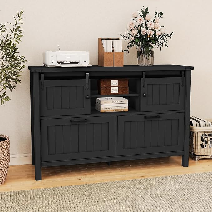 Farmhouse File Cabinet for Legal/ A4 /Letter Size, Black | Filling Cabinet Printer Stand with Outlets & USB Ports for Home Office, Remote Work, Entryway, Sliding Doors & 2 Drawers