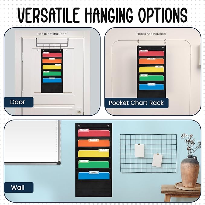 Essex Wares - 5 Pocket File Folder Pocket Chart, Black, 14" Wide x 24" Tall | Versatile Wall Hanging File Folder Organizer for Classrooms, Offices, Home, and More - Wall Folder Organizer