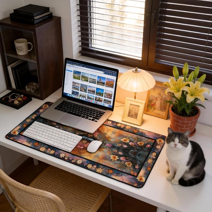 Floral Aesthetic Daisy Gaming Mouse Pad, Gold Blue Rug Desk Mat with Anti-Slip Base & Stitched Edges,35.4" x 15.7" in Table Mat for Computer Desktop, Beautiful Workstation Decor