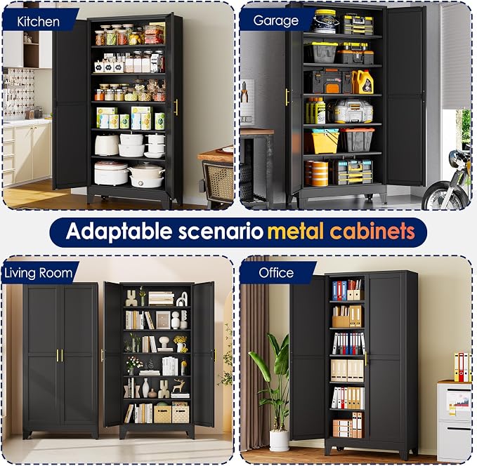 erosoei 75" H Large Metal Garage Storage Cabinet, Black Metal Pantry Cabinet with 2 Doors, Locker Steel Cabinet with 5 Adjustable Shelves, Freestanding Cupboard for Garage,Office,Home,Gym,School