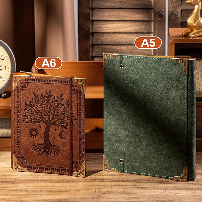 PU Leather A6 Binder 6 Ring Mini Loose Leaf Binder 5.5”x7.5” No Inserts A6 Planner Binder Leather Cover Refillable Journal Cover, Brown Tree