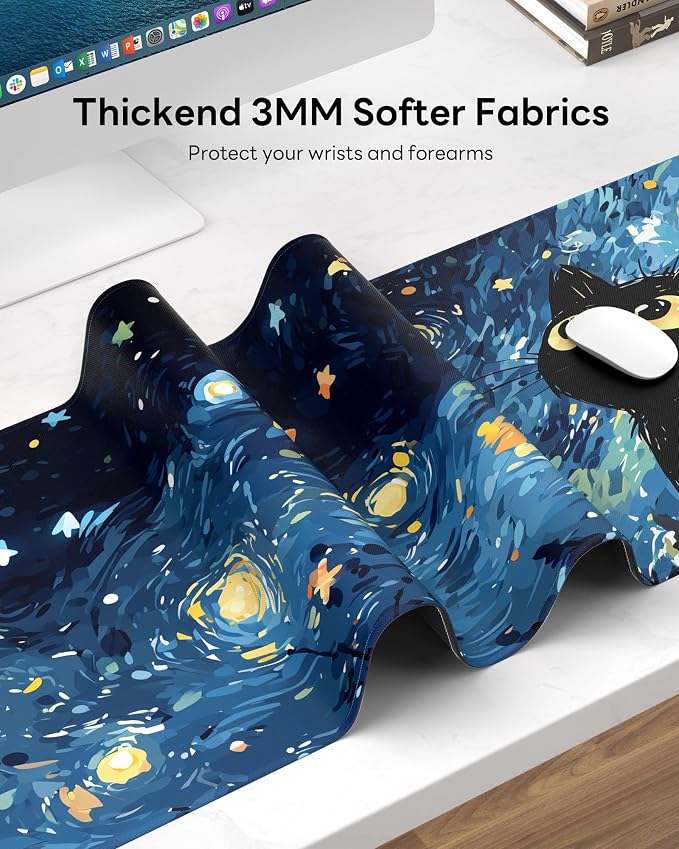 Mouse Pad 31.5x11.8in Large Desk Mat Non-Slip for Office | Stitched edges prevent fraying, rubber non-slip base keeps pad stable, large mousepad for home, work and gaming, Starry Cat