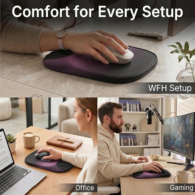 Ergonomic Mouse Pad with Wrist Rest, Sloped Memory Foam Mousepad with Wrist Support, Cooling Channels, Non-Slip Base, Smooth Lycra Surface for Office, Gaming & Home Desk (Galactic Purple)