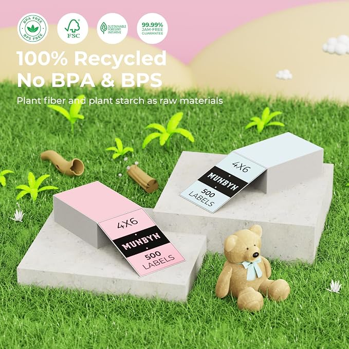 MUNBYN 4x6 Inch Pink Thermal Printer Labels for Packages, 500 Sheets/Stack | 4"x6" Fanfold Shipping Labels, No BPA and BPS, Print Clear and Sharp, Strong Adhesive, Compatible with Most Thermal Printers