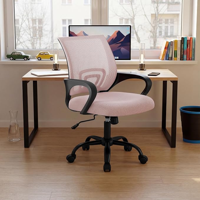 DUMOS Ergonomic Office Chair, Mid-Back Executive Desk Chair 2 Pack | Comfortable Lumbar Support, Breathable Backrest, Fixed Armrest, Height Adjustable, 360ยฐ Swivel, Computer Gaming, Pink