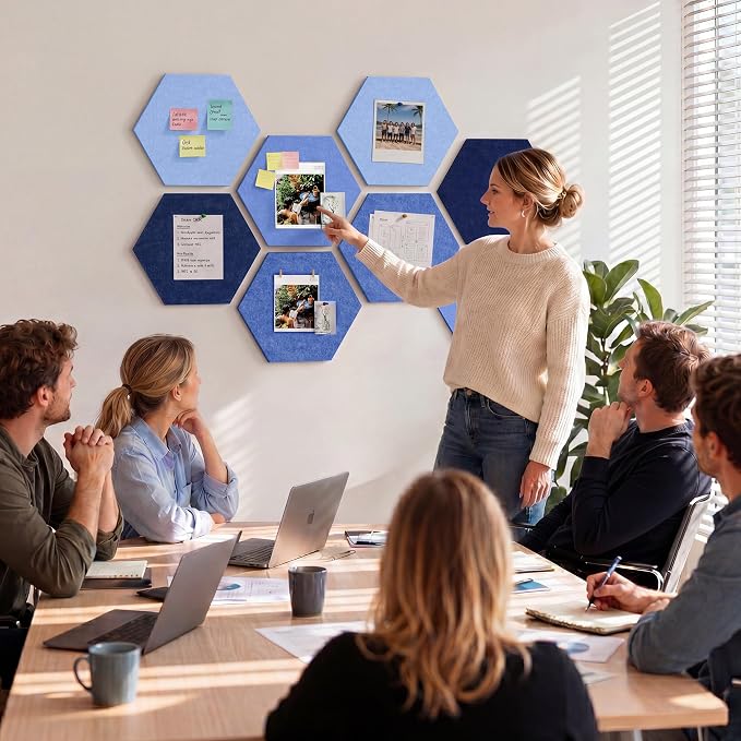 8-Pack Hexagon Felt Bulletin Board Tiles, Cork Board Alternative | For students and teachers creating vision boards in homes, offices, dorms or classrooms; includes 30 push pins.