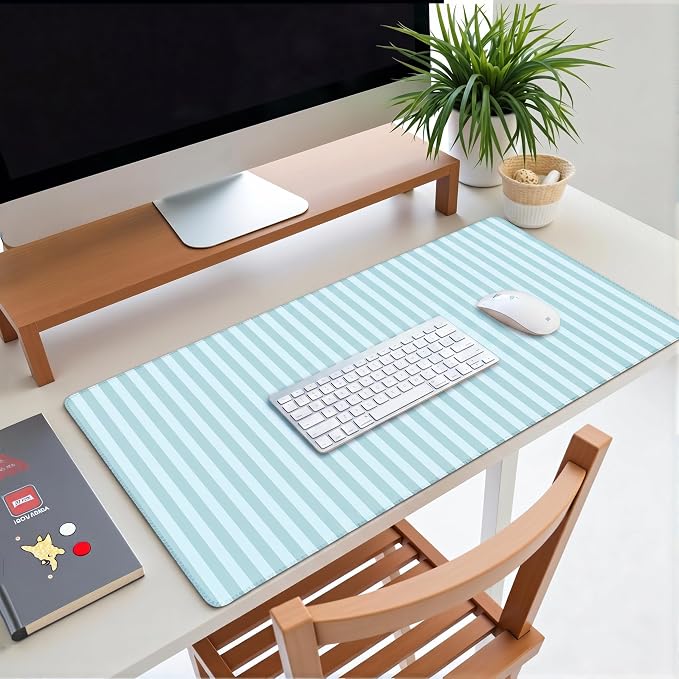 Sky Blue Striped Desk Mat Cute Pastel XXL Large Gaming Mouse Pad Desk Pad Kawaii Aesthetic Home Office Decor Cozy Keyboard Laptop Computer Mat