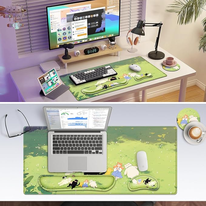 Canjoy Desk Mat with Wrist Rest, Anime Desk Pad for Keyboard and Mouse 4-in-1 Cute Cat Mouse Pad + Keyboard Wrist Rest+ Coaster(35.4×15.7 in) Extended Desk Pad Memory Foam Non-Slip Desk Mat