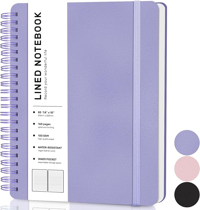 Lined Spiral Notebook for Women, B5 College Ruled Leather Spiral Journals | 160 Pages Small Journaling Notebooks, 7.8×10in Note Book for Writing, Work, School, Men, Hardcover Leather Journals, Purple