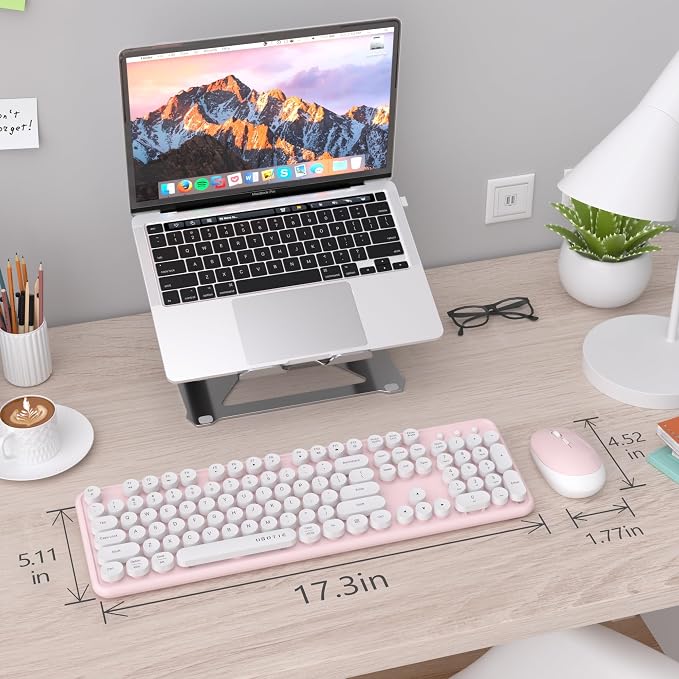 UBOTIE Colorful Wireless Keyboard and Mouse Combo (Pink-White) | Retro Typewriter Floating Full-Sized Keys Computer Keyboard with Optical Mouse, 2.4GHz USB Connection for Windows Mac