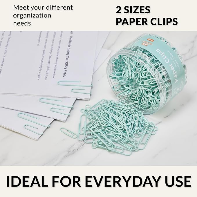 NEEWAY 450pcs Paper Clips Assorted Sizes, Small and Large Paper Clips (1.1 inch, 2 inch), Coated Paperclips for Office School Document Organizing (Light Green)