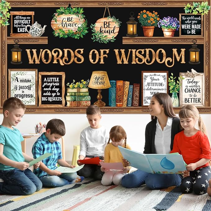 Mooliwe 57 Pcs Greenery Bulletin Board Set Classroom Decor Vintage Plant | Motivational Quotes for School Office, Plant Cutouts with Greenery, Farmhouse Style Chalkboard Classroom Wall Decor