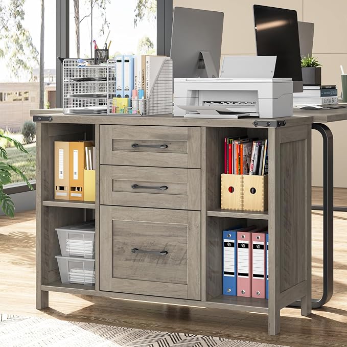 Befrases Farmhouse File Cabinet, Lateral Filing Cabinet with 3 Drawers for Letter/A4 Size Hanging Files, Large Wooden Printer Stand with Adjustable Shelves for Home Office, Rustic Grey