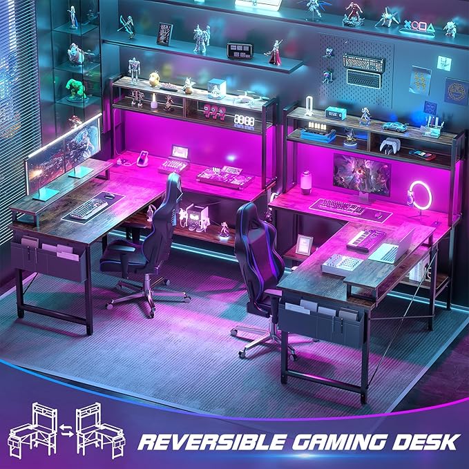 Aheaplus L Shaped Gaming Desk with Power Outlets & LED Lights, Rustic Brown | Small L- Shaped Desk Computer Corner Desk with Monitor Stand & Shelf, Home Office Desk Writing Desk with Storage Bag & Hooks