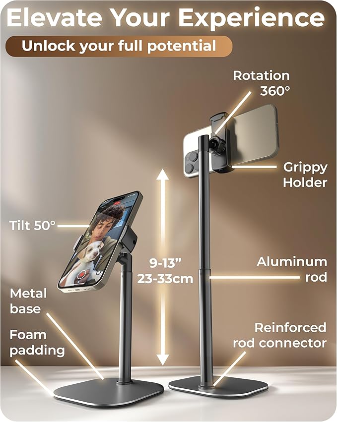COOPER ChatStand Sturdy Cell Phone Holder, iPhone Stand for Desk, Recording | 9-13" Adjustable, Weighted Metal Base, Tabletop Tripod, for Filming, Video Calls, FaceTime; fits all iPhone, Samsung, Android