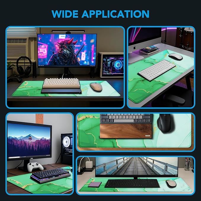 Large Gaming Mouse Pad, Waterproof Mousepad with Stitched Edges | Non-Slip Rubber Base, XXL Computer Long Keyboard Mouse Mat for Gamer, Office & Home, 31.5" x 15.7", Marble Green