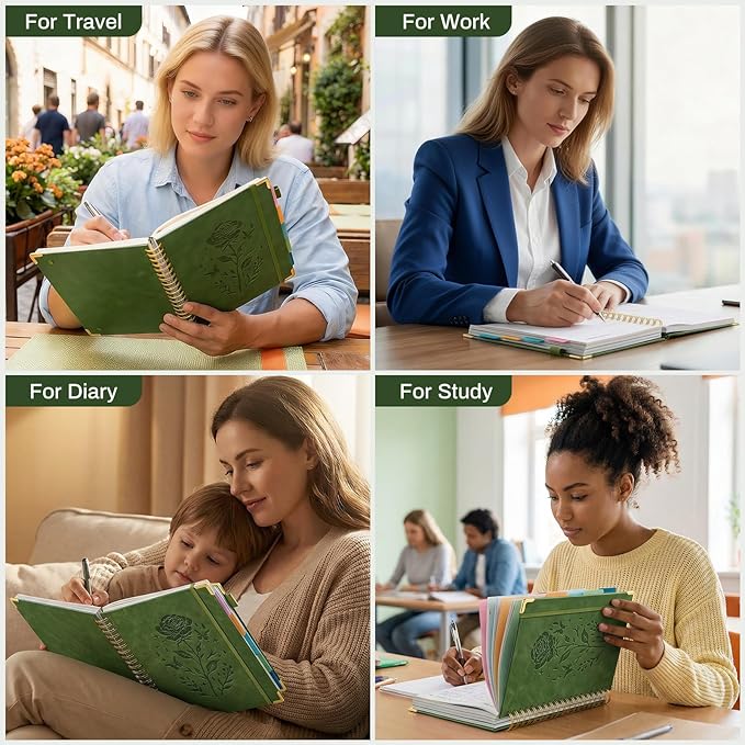 Hardcover Spiral Notebook with 5 Removable Dividers Tabs 300 Pages Leather 5 Subject Notebook College Ruled 8"x10" Large B5 Notebooks for Work School Note taking Lined Journal for Women, Green