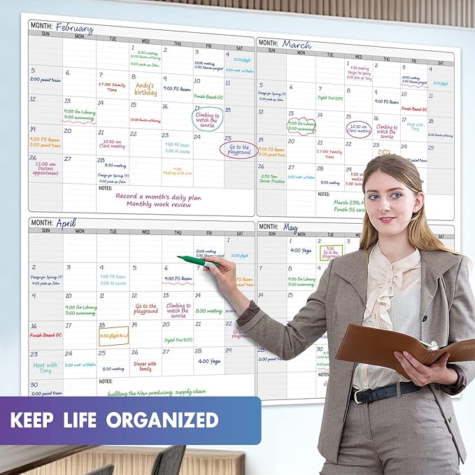 Extra Large Dry Erase Calendar for Wall, Giant 4 Month Calendars 46 x 63 in | Jumbo Huge Size Erasable laminated Four month Whiteboard,Oversized Blank Reusasble 120 Days Poster, Multi Months White Board