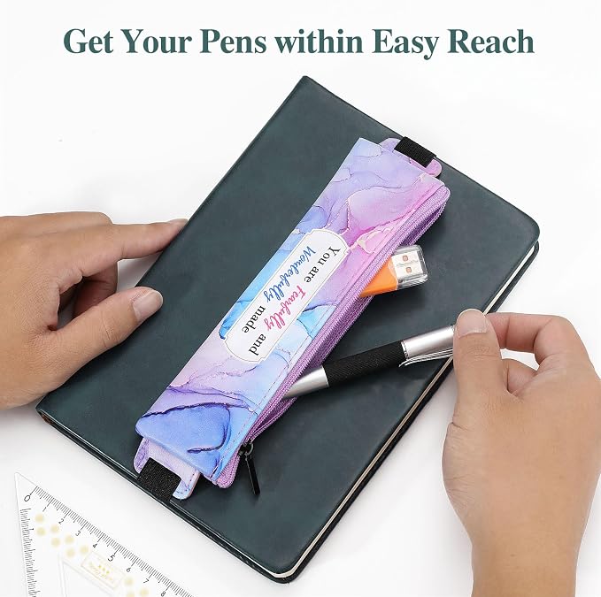MoKo Elastic Pen Holder for Notebook, 4 Pack PU Leather Pouches, Marble | Adjustable 7.5–14.6 in bands secure the zippered pouches; each 7 × 2.2 in case holds at least 3–4 pens.