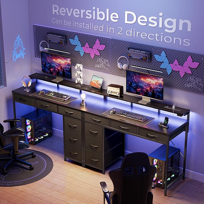 Huuger Gaming Desk with 6 Drawers, Computer Desk with LED Lights Power Outlets and Type-C, 39 Inch Office Desk with Storage, Monitor Stand, Writing Desk Work Desk Home Office, Bedroom, Black, 1CD100B