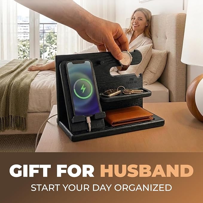 TESLYAR Wood Phone Docking Station for Men - Desk or Nightstand Organizer - Birthday Gifts for Husband, Dad - Anniversary Idea from Wife - Key Holder, Stand Wallet, Watch & Essentials (Granite Black) | Solid Ash Nightstand Organizer with Key Holder, Wa...