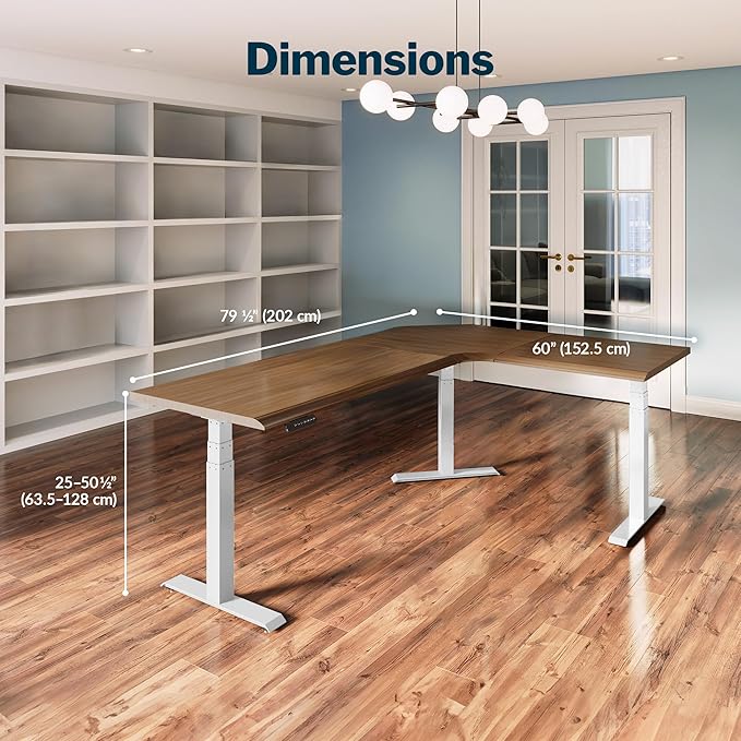 Vari ComfortEdge 80x60 L-Shape Electric Standing Desk – Height Adjustable Sit-Stand VariDesk for Corner Office with Reversible Left/Right Design + Walnut/White Legs (Ships in 3 Boxes)