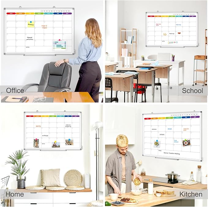 Colorful Dry Erase Calendar Whiteboard for Wall 36x24 Double-Sided Magnetic | Monthly Calendar, 7 Color Design, Wall Mount Hanging, Aluminum Frame, Smooth Dry Erase, Home School Office, Complete Kit