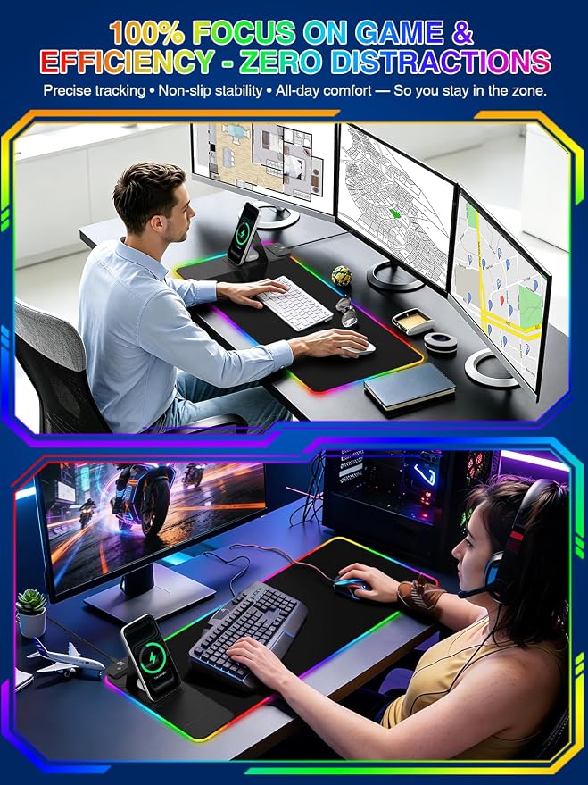 RGB Mouse Pad with Foldable Phone Stand & Wireless Charger, 31.5"x11.8" XL Gaming Mousepad Large Desk Mat, Desk Pad with Dual Charging for Phone & AirPods | 11 Colors & 5 Modes | Waterproof