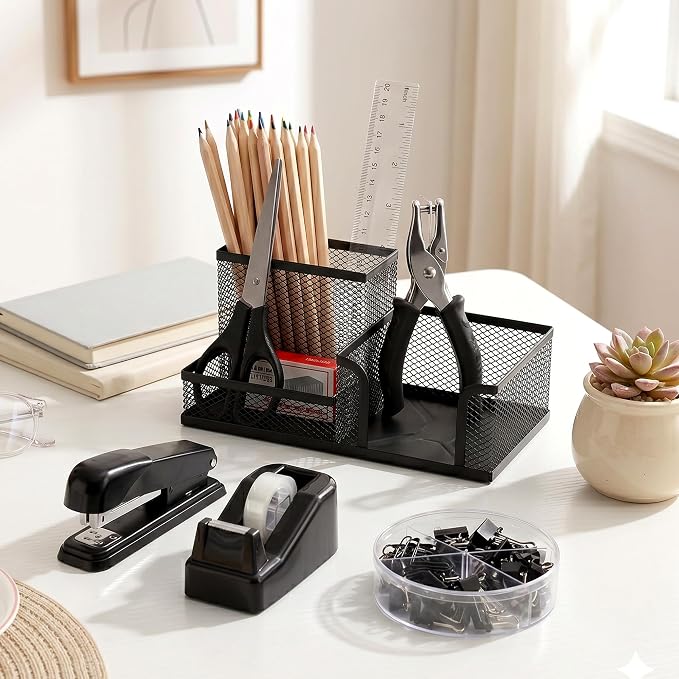 Black Office Desk Accessories, 9 Pcs Desk Organizers and Accessories with Mesh Pen Holder, Stapler, Tape Dispenser, Hole Punch, Office Supplies Set for Office Home School Women Students Gift