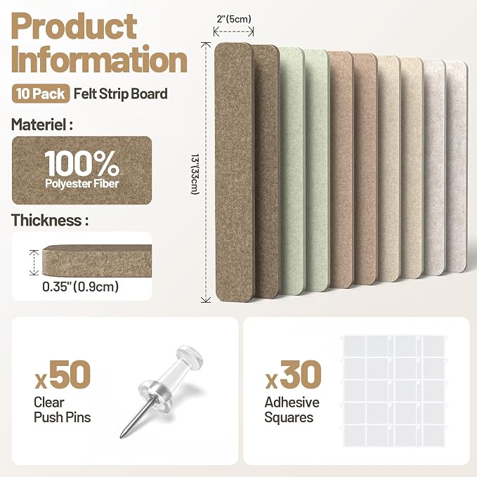 10 Pack 13"x2" Cork Board Strip with Removable Adhesive Squares & Push Pins | Pin Board Alternative Felt Strip Bulletin Board, Felt Board for Photo & Note Display, Home Office Decor - Linen Dusk