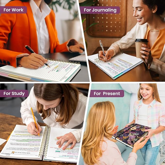 Large Spiral Notebooks for Work 5 Subject with Removable Dividers | 8.5" x 11" Pretty Hardcover Notebook Journal for Women, College Ruled, Perfect for Study & Office , 280 Pages, Midnight Bloom