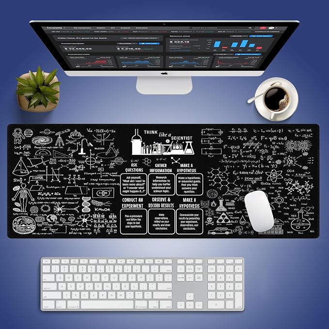 Science STEM Large Black Mouse Pad, Scientific Method Chart Doodle Desk Mat | Physics Chemistry Biology Math Formulas, Inspirational Quote White, Science Teacher, 31.5" x 11.8", Stitched Keyboard Mat