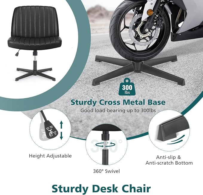 OLIXIS Criss Cross Chair, Vanity Chair, Home Office Desk | Armless No Wheels Wide Seat, Height Adjustable Swivel, Padded PU Leather, Bedroom Student Study, Black Dual Base