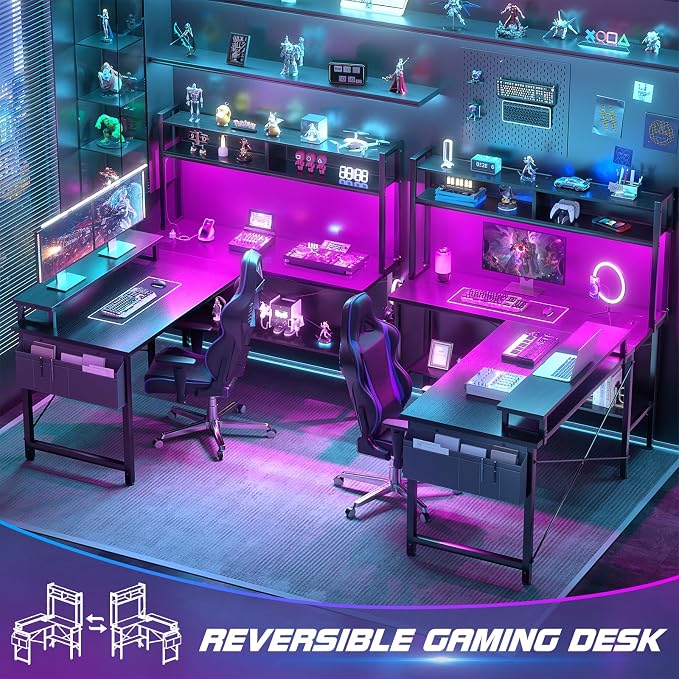 Aheaplus L Shaped Gaming Desk with Power Outlets & LED Lights, Black | Small L- Shaped Desk Computer Corner Desk with Monitor Stand & Shelf, Home Office Desk Writing Desk with Storage Bag & Hooks