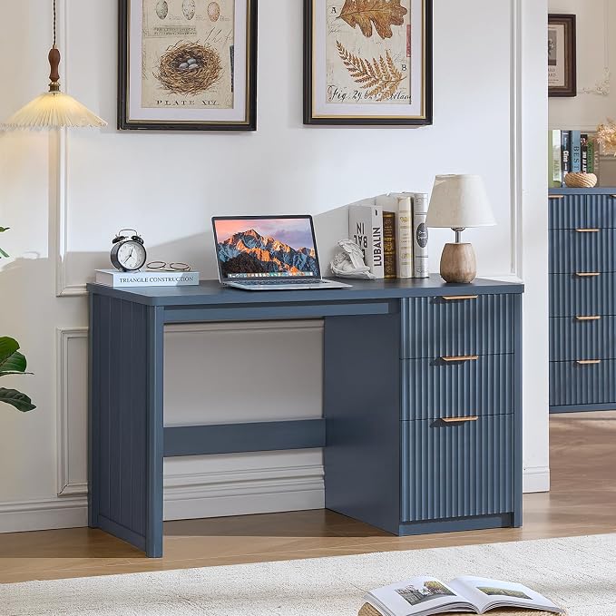LEYAOYAO Office Desk 48" with 3 Drawers Storage File Cabinet | Wood Fluted Work Study Escritorio Desks for Computer Office Bedroom Home Furniture