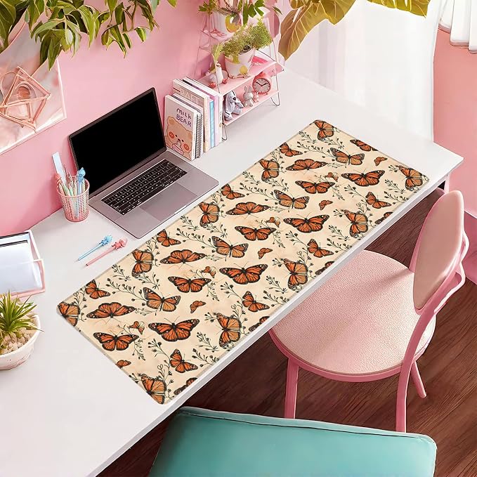 Monarch Butterfly Beige Extended Mouse Pad 31.5x11.8in, Botanical Floral Large Desk Mat with Non-Slip Rubber Base, Big Mousepad for Laptop Computer PC, Gaming Office Home Decor, Deskmat Gifts